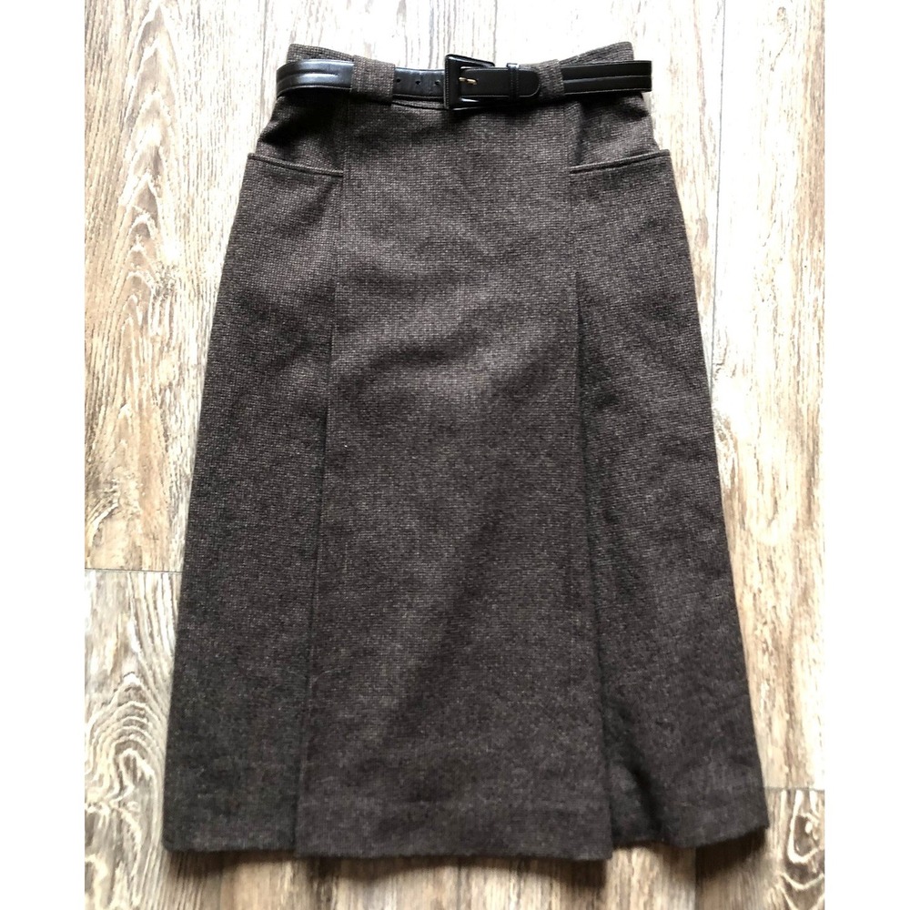 Anne Klein II Women’s Brown Tweed Wool Blend Midi Skirt Belted Vintage Size 8